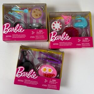 NIB Barbie Set of 3 Food Kitchen Accessories - Breakfast Spaghetti & Cake Baking